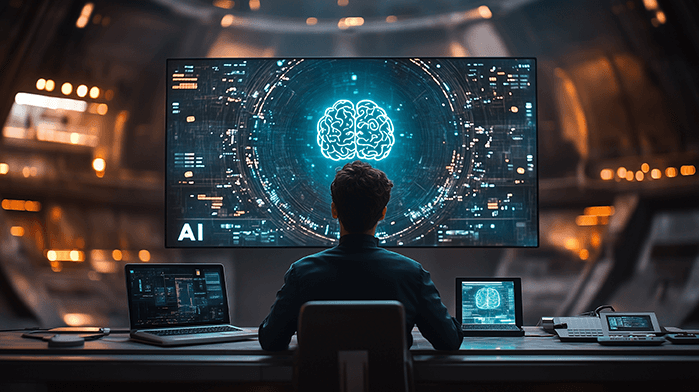 chico de espaldas frente a tres ordenadores, el central proyecta un cerebro digital