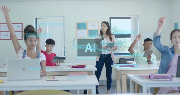 Transformación digital en la educación profesora y grupos de alumnos en un aula utilizan la inteligencia artificial